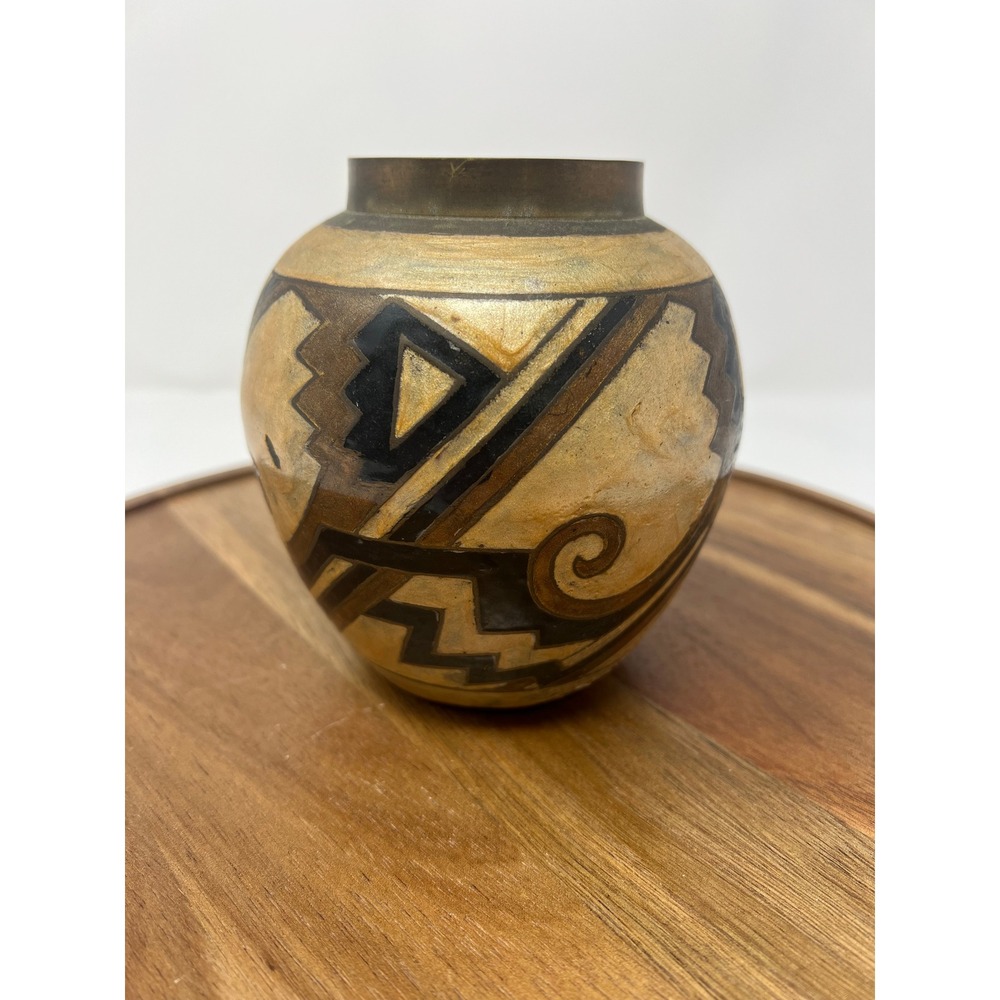 Vintage Decorative Vase Southwestern‎ Geometric Design Brass